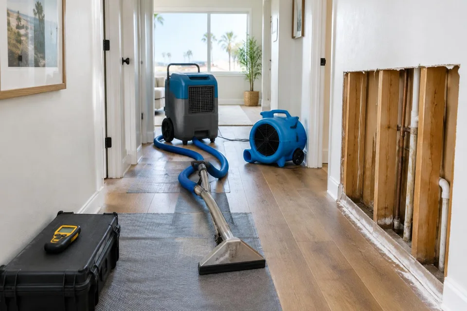 Generated illustration of water damage drying equipment in a residential hallway