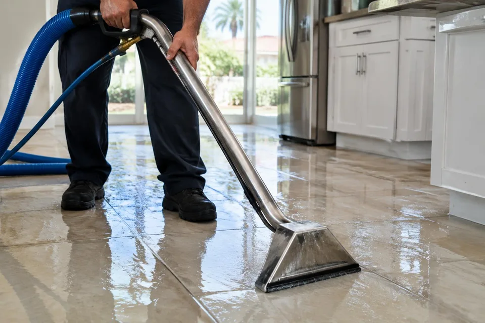 Generated illustration of an extraction wand removing water from a kitchen tile floor