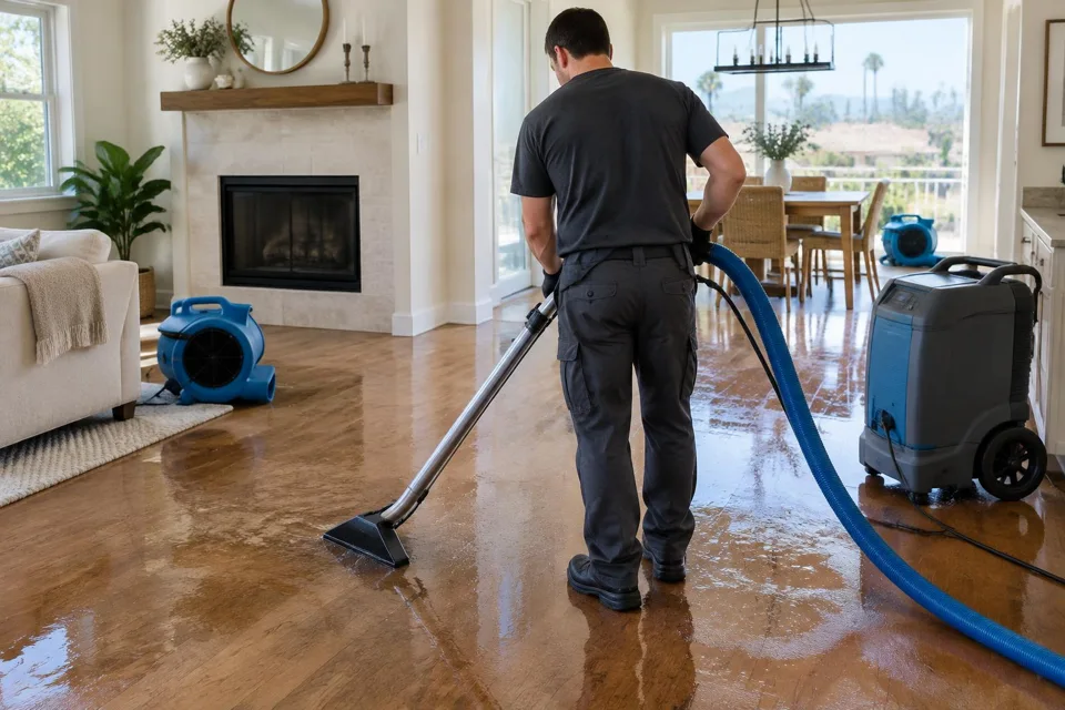 Generated illustration of a worker using an extraction wand on a wet residential wood floor