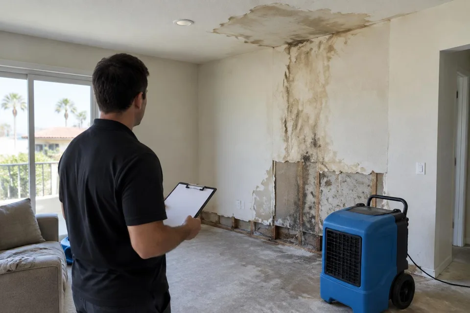 Generated illustration of an assessment of a damp wall and ceiling stain
