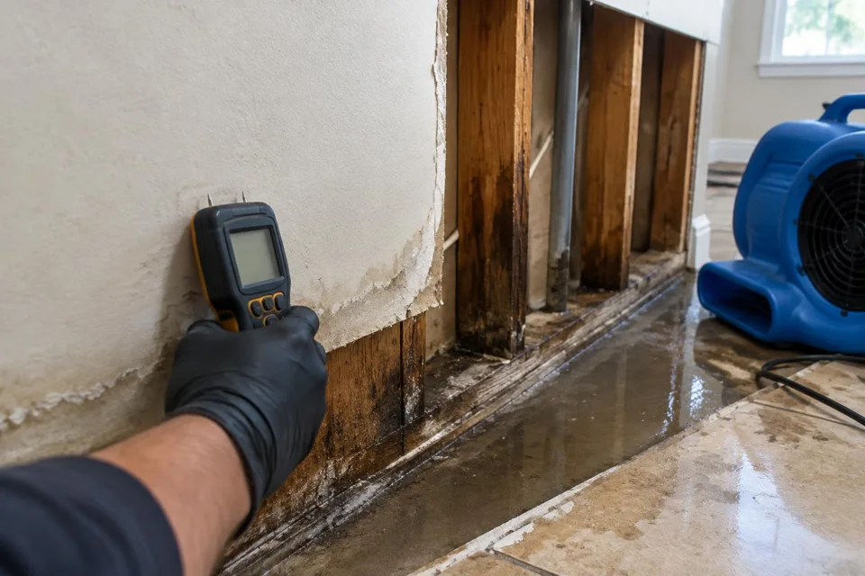 Generated illustration of a moisture meter checking damp drywall