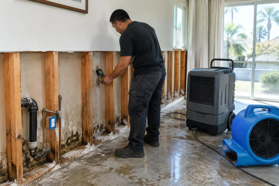 Generated illustration of moisture assessment beside opened drywall and drying equipment