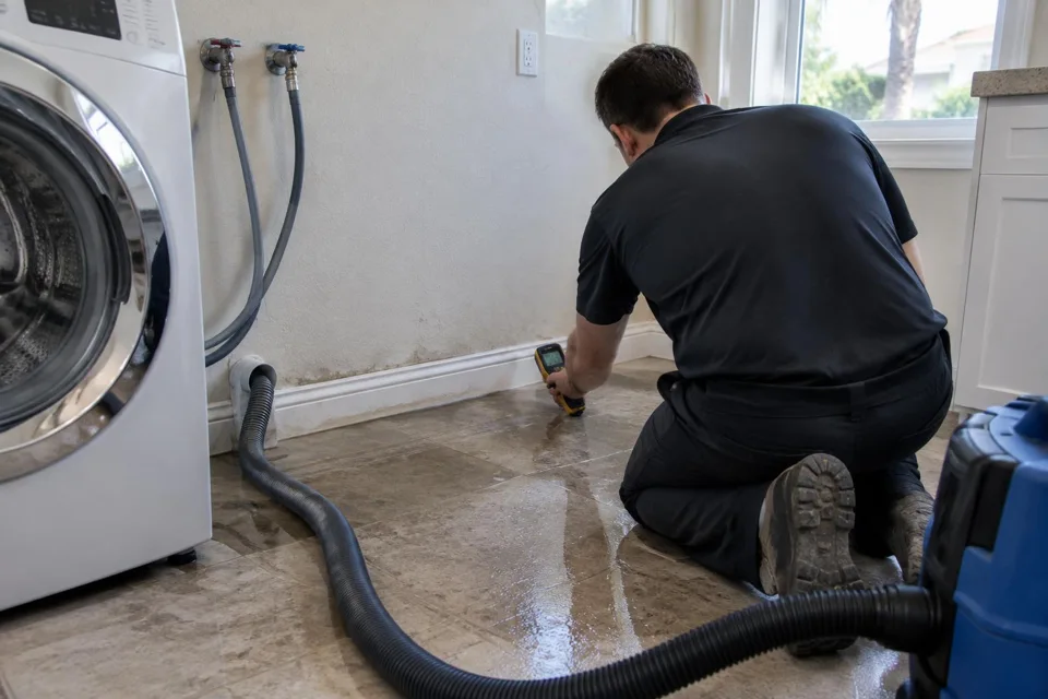Generated illustration of inspection of a wet laundry room beside an appliance